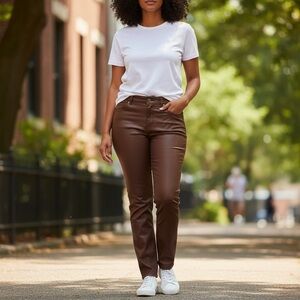 Escada: Brown Coated Stretch Denim Straight Leg Jeans